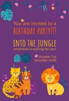 Birthday invitation card with cute little leopard, lion and tiger. Ready-made vertical invitation design. Falt vector illustration with text and jungle leaves.