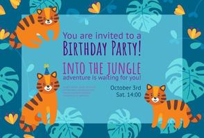 Birthday invitation card with little tigers. Ready-made horizontal invitation design for birthday parties. Falt vector illustration with jungle leaves.