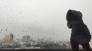 urso de pelúcia solitário chorando na janela com gota de chuva no vidro em dia chuvoso. video