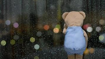 eenzaam teddy beer huilen Bij venster met regen laten vallen Aan de glas in regenachtig dag. video