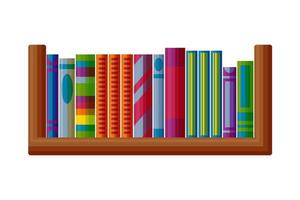 Books on the wood shelf. Bookshelf for interriors in cartoon style. Vector illustration