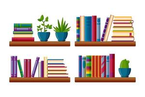 Shelves with books and potted plants. Books in cartoon style. Vector illustration