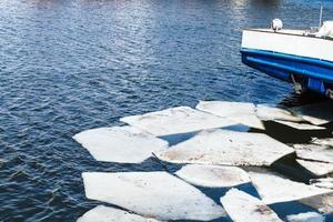 melting ice blocks in river in spring photo