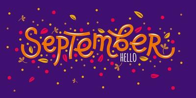 Hello september postcard with autumn and leaves. Hand drawn inspirational winter quotes with doodles. vector