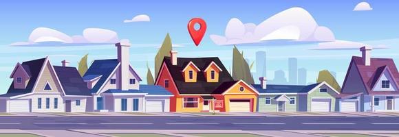 Suburban street with location pin over cottage vector