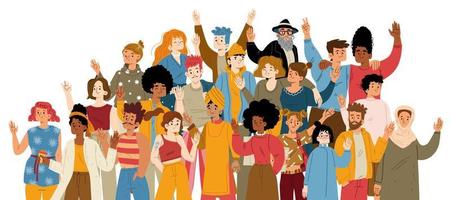 Multiracial group of happy people waving hand vector