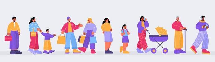 People stand in queue, diverse characters waiting vector