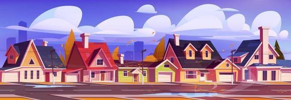 Suburban street with cottage houses at autumn day vector