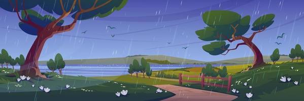 Rural scene with fields, river and trees in rain vector