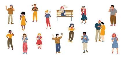 People using smartphones flat characters set vector