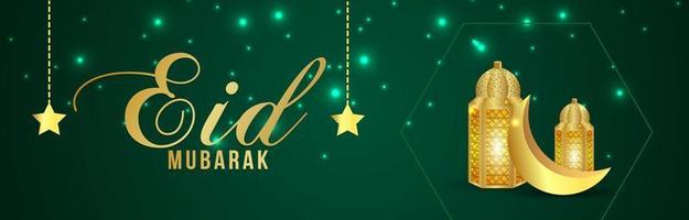 Eid Mubarak Islamic golden lantern and moon background vector