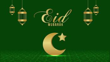 Eid Mubarak celebration vector illustration and background with golden moon and lantern