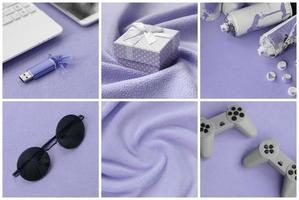 A set of pictures with fashionable youth objects on a soft fleece surface. Pastel violet color photo