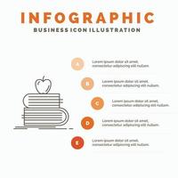 De vuelta a la escuela. escuela. alumno. libros. plantilla de infografía de manzana para sitio web y presentación. icono de línea gris con ilustración de vector de estilo infográfico naranja