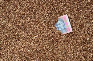 Background texture of a large pile of buckwheat, among which one can see a bill of one Ukrainian hryvnia. The concept of increasing prices for cereals in Ukraine photo