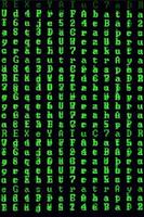 Macro shot of a glitch on the monitor of an office computer. The concept of introducing a virus into a personal data keeper. Stream of random green symbols on a black background photo