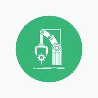 Automation. factory. hand. mechanism. package White Glyph Icon in Circle. Vector Button illustration