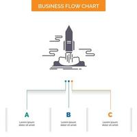 launch. Publish. App. shuttle. space Business Flow Chart Design with 3 Steps. Glyph Icon For Presentation Background Template Place for text. vector