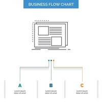 Content. design. frame. page. text Business Flow Chart Design with 3 Steps. Line Icon For Presentation Background Template Place for text vector