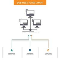 base de datos. repartido. conexión. la red. diseño de diagrama de flujo de negocios informáticos con 3 pasos. icono de glifo para el lugar de plantilla de fondo de presentación para texto. vector