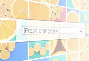 Visualization of the search bar on the background of a collage of many pictures with juicy oranges. Fresh orange juice photo