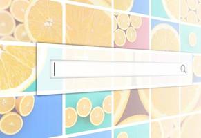 Visualization of the search bar on the background of a collage of many pictures with juicy oranges. Set of images with fruits on backgrounds of different colors photo