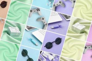 A set of pictures with fashionable youth objects on a soft fleece surface. Trendy pastel light colors photo