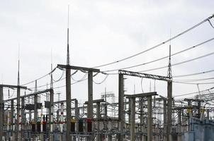 La central eléctrica es una estación de transformación. muchos cables, postes y alambres, transformadores. electro-energía. foto