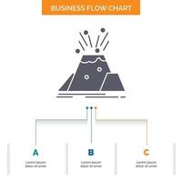 desastre. erupción. volcán. alerta. diseño de diagrama de flujo de negocios de seguridad con 3 pasos. icono de glifo para el lugar de plantilla de fondo de presentación para texto. vector