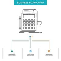 Accounting. audit. banking. calculation. calculator Business Flow Chart Design with 3 Steps. Line Icon For Presentation Background Template Place for text vector