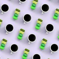 un patrón de muchos macarrones de pastel de postre colorido y tazas de café en la vista superior de fondo lila pastel de moda foto