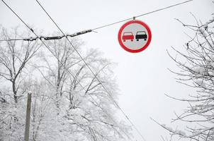Road sign. Overtaking is prohibited. The sign prohibits overtaking all vehicles on the road section. A red and black car is depicted in a framed red circle photo