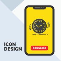 respaldo. reloj. agujas del reloj. encimera. icono de glifo de tiempo en el móvil para la página de descarga. fondo amarillo vector