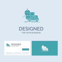 delivery. time. shipping. transport. truck Business Logo Glyph Icon Symbol for your business. Turquoise Business Cards with Brand logo template. vector