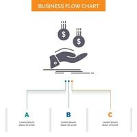 coins. hand. currency. payment. money Business Flow Chart Design with 3 Steps. Glyph Icon For Presentation Background Template Place for text. vector