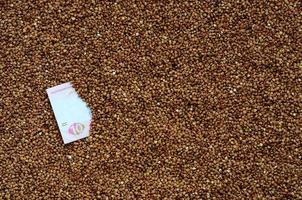 Background texture of a large pile of buckwheat, among which one can see a bill of one Ukrainian hryvnia. The concept of increasing prices for cereals in Ukraine photo