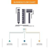 Design. designer. digital. tools. pencil Business Flow Chart Design with 3 Steps. Glyph Icon For Presentation Background Template Place for text. vector