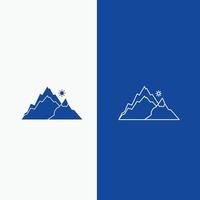 montaña. paisaje. Cerro. naturaleza. línea de árbol y botón web de glifo en banner vertical de color azul para ui y ux. sitio web o aplicación móvil vector