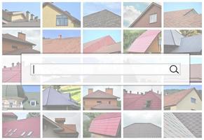 Visualization of the search bar on the background of a collage of many pictures with fragments of various types of roofing. Set of images with roofs photo