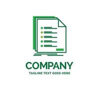 Check. filing. list. listing. registration Flat Business Logo template. Creative Green Brand Name Design. vector