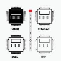 procesador. hardware. computadora. ordenador personal. icono de tecnología en fino. regular. línea en negrita y estilo de glifo. ilustración vectorial vector