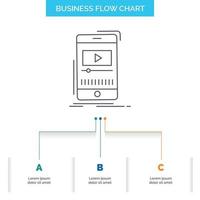 medios de comunicación. música. jugador. video. diseño de diagrama de flujo de negocios móviles con 3 pasos. icono de línea para el lugar de plantilla de fondo de presentación para texto vector