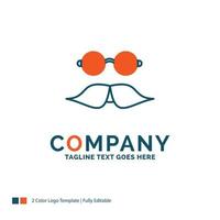 bigote. inconformista. movimiento lentes. diseño de logotipo de hombres. diseño de marca azul y naranja. lugar para el eslogan. plantilla de logotipo de empresa. vector