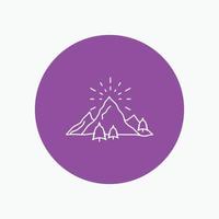 hill. landscape. nature. mountain. fireworks White Line Icon in Circle background. vector icon illustration