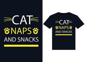 Cat, naps and snacks illustrations for print-ready T-Shirts design vector