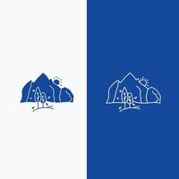 Cerro. paisaje. naturaleza. montaña. línea de árbol y botón web de glifo en banner vertical de color azul para ui y ux. sitio web o aplicación móvil vector