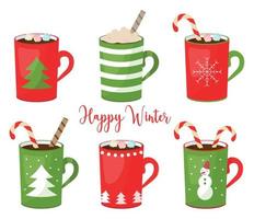 a set of Christmas cups with lollipops and marshmallows. isolated on a white background. vector