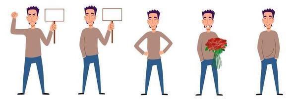 A set of male characters. An Asian man with a sign for text in his hand. vector