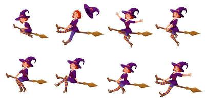 A set with cute witches on a broom in different poses. vector