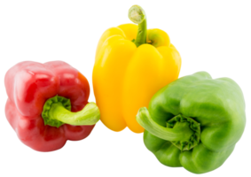 verduras frescas tres pimientos rojos, amarillos y verdes dulces aislados png